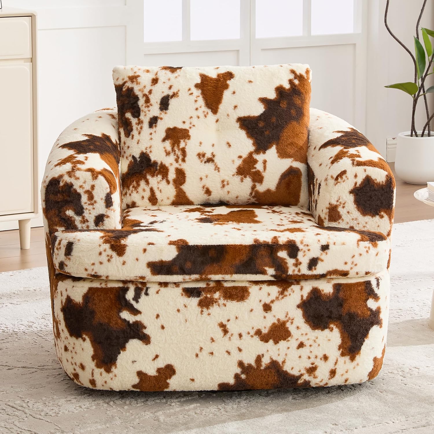 JIVOIT 360° Swivel Barrel Accent Chair, 36.6' Swivel Round Sofa Chair with Dual-Layer Cushion Design, Modern Upholstered Single Sofa for Living Room, Bedroom, Office and Hotel (Beige&Brown, 121)