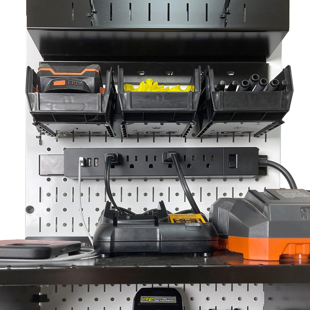 Wall Control Power Tool Storage Organizer Kit Cordless Drill Holder Charging Station Rack 16' x 32' Metal Pegboard Organization System (White Pegboard)