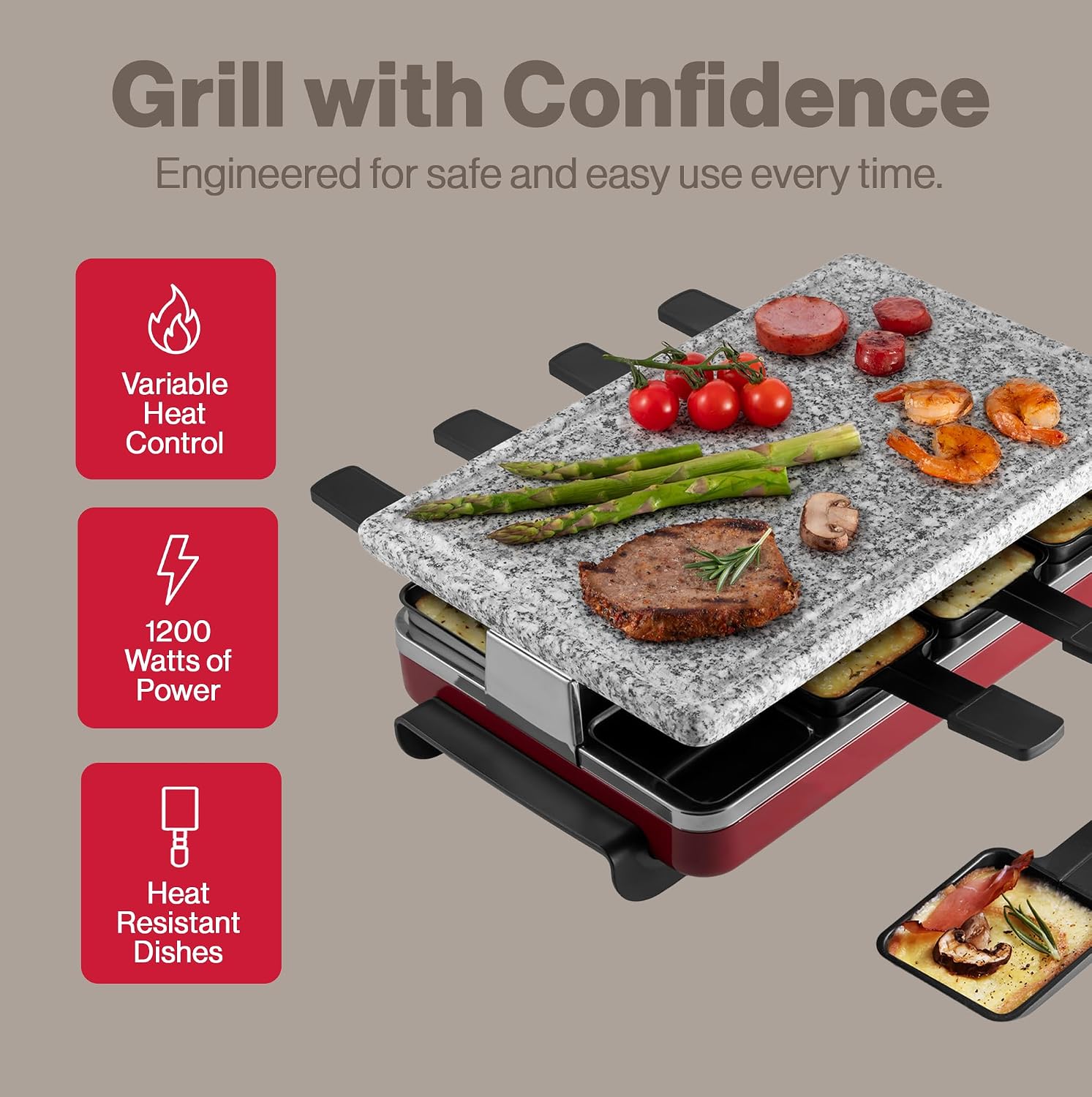 Swissmar Classic 8-Person Raclette Party Grill - Indoor Electric Grill & Griller with Granite Stone Grill Plate - Red