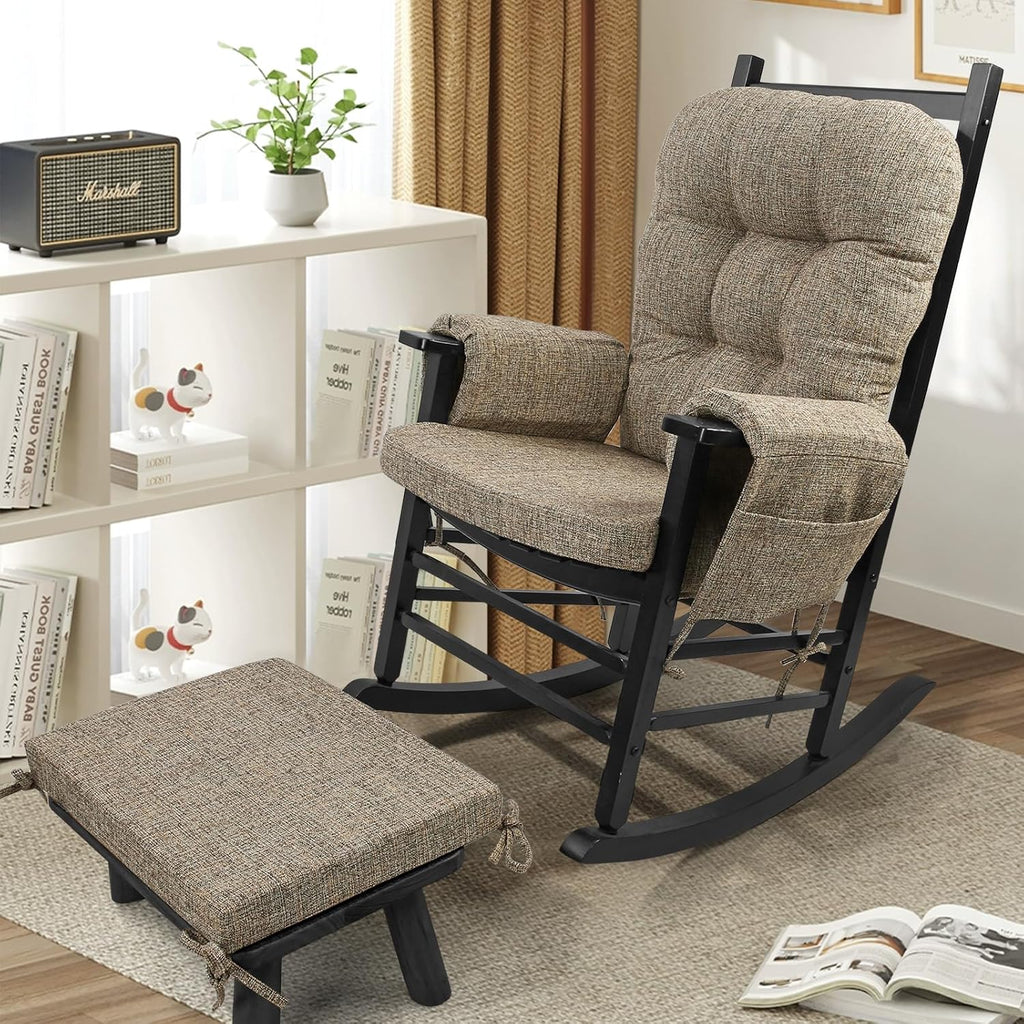SINOSSO Glider Rocker Cushion Set (5 Pcs), Soft Blended Fabric High-Density Support Foam Seat Cushions with Ties, Fits Rocking Chair/Nursery Glider & Ottoman, Light Brown