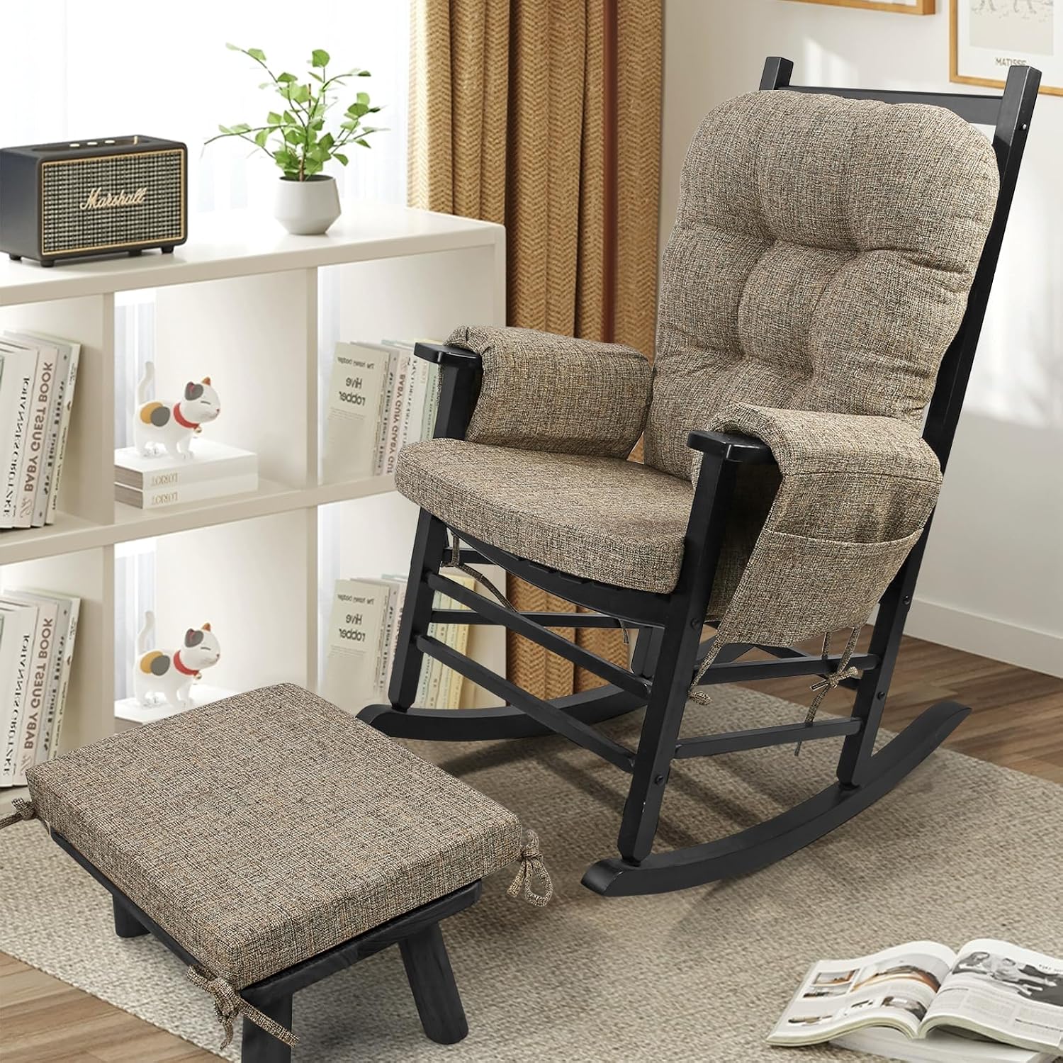 SINOSSO Glider Rocker Cushion Set (5 Pcs), Soft Blended Fabric High-Density Support Foam Seat Cushions with Ties, Fits Rocking Chair/Nursery Glider & Ottoman, Light Brown