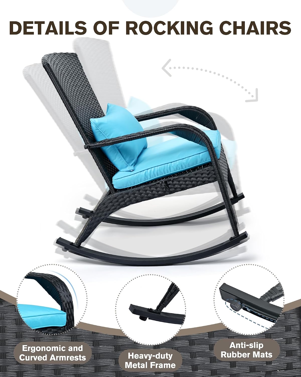 Outdoor Rocking Chair, Patio Rattan Rocker Chair with Cushions & Steel Frame, All Weather Porch Rocking Chair for Garden, Porch, Backyard, Poolside (Black Rattan & Teal Cushion, 320lbs)