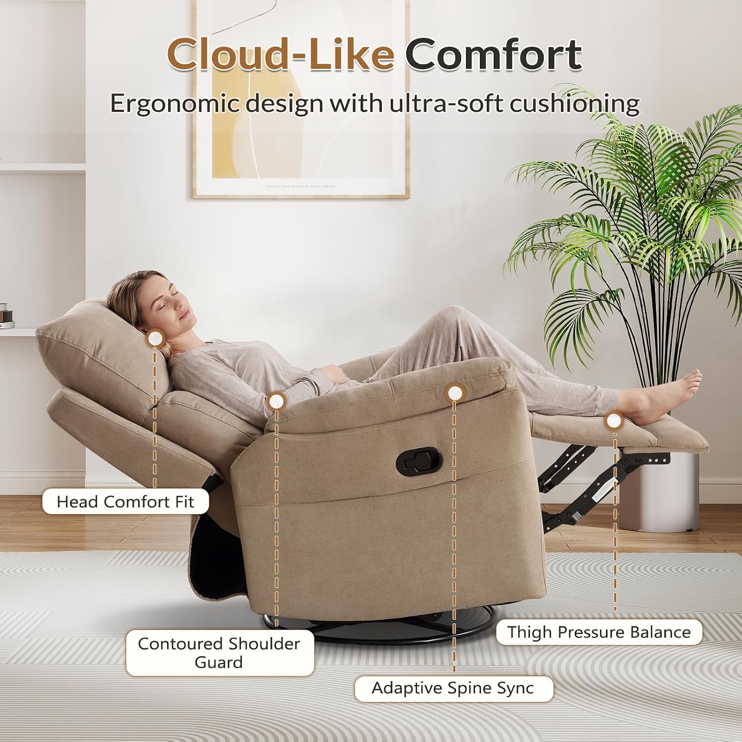 ANJ Swivel Rocker Recliner Rocking Chair Nursery, Manual Glider Rocking Chair for Adults, Modern Fabric Recliners, 360° Swivel Lazy Boy Recliner Chairs for Living Room, rv, Khaki