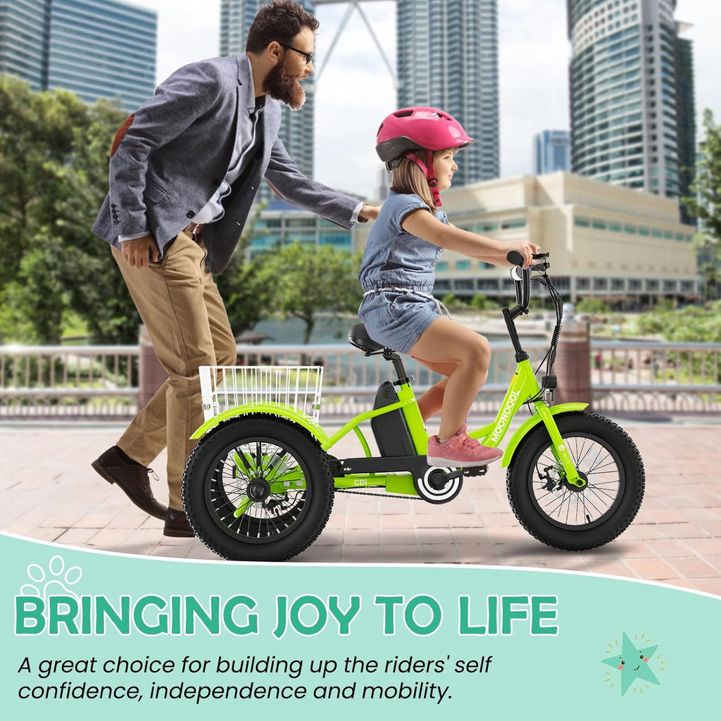 LILYPELLE Electric Tricycle for Youth, 250W Aluminum Frame Electric Tricycle Etrike, 16IN 3 Wheels Electric Bicycle Bikes, 3.0 Fat Tire Electric Trike with Removable Battery and Rear Basket