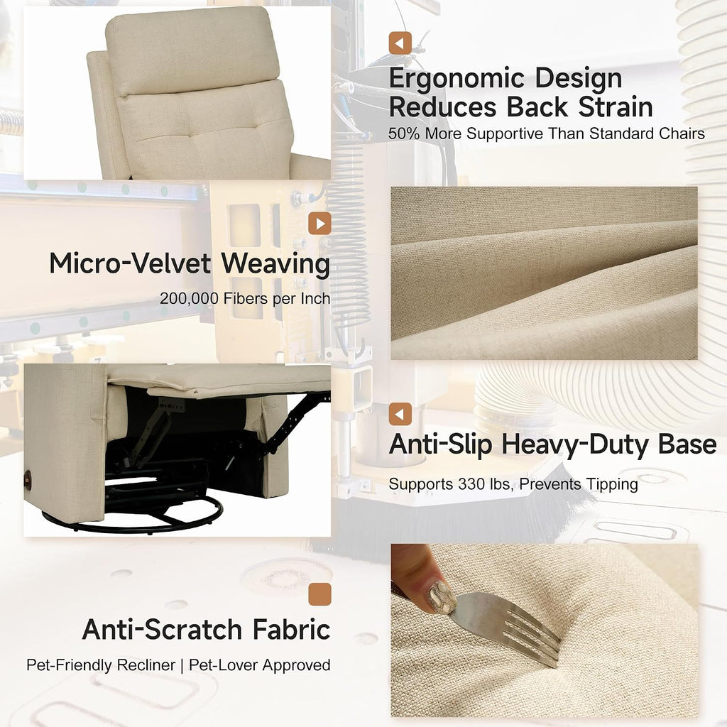 Swivel Rocker Recliner Chair for Adults, Rocking Chair, Small Swivel Recliner for Small Spaces, Living Room, Bedroom, RV(Beige)