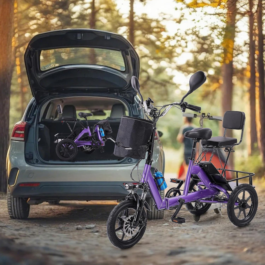 E Trike Electric Bike, 350W(Peak 500W) Brushless Motor Folding Trike, 2 Seats Ebike, 480Wh Removable Battery, Step-Thru 3 Wheel Electric Bicycle, Up to 45 Miles, Tricycle for Adults Parents