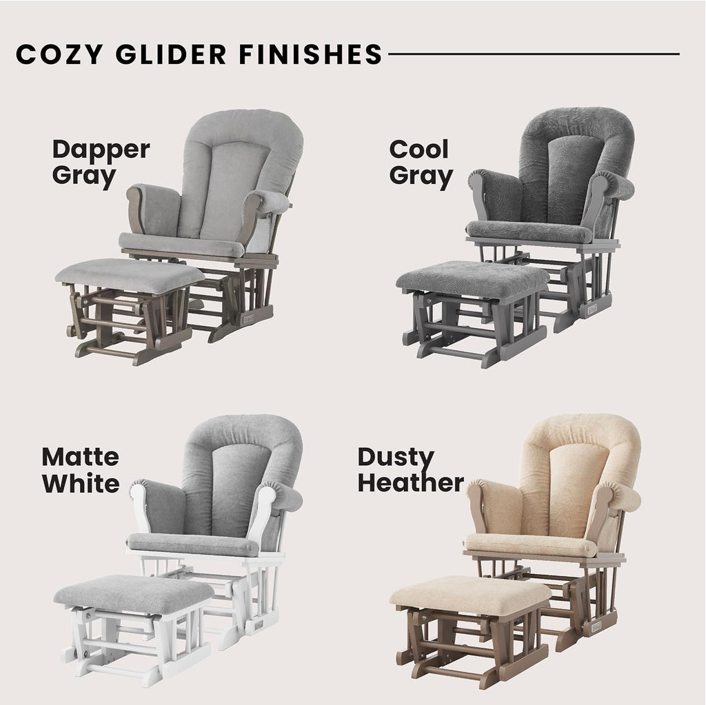 Child Craft Cozy Glider Rocker and Ottoman Set, Smooth Quiet Gliding Motion, Padded Cushion with Convenient Storage Pockets, Solid Wood Base & Frame (Dapper Gray with Light Gray Cushion)