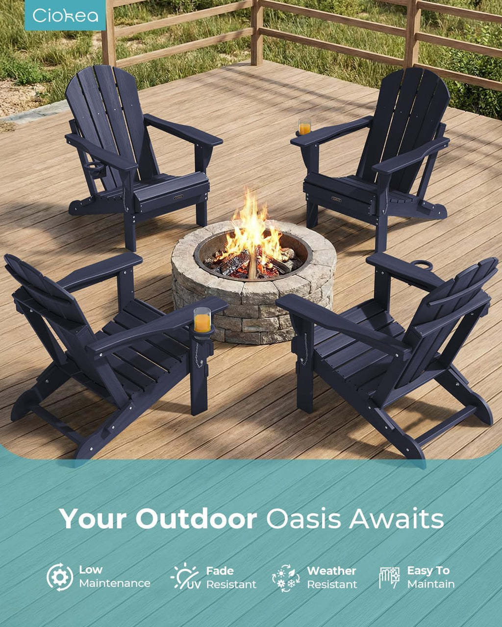 Ciokea Folding Adirondack Chair Wood Texture, Patio Adirondack Chair Weather Resistant, Plastic Fire Pit Chair with Cup Holder, Lawn Chair for Outdoor Porch Garden Backyard Deck, Dary Navy Blue