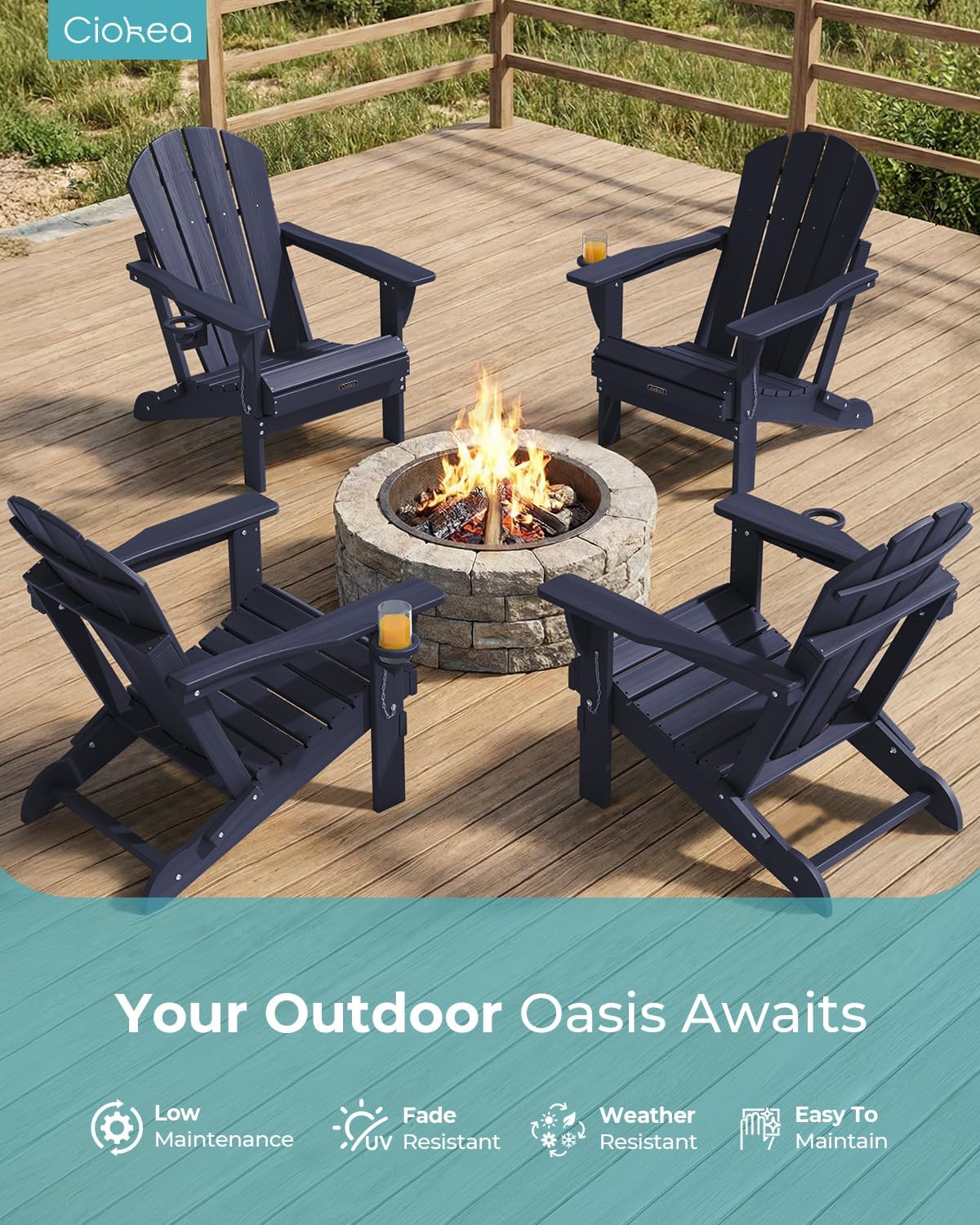 Ciokea Folding Adirondack Chair Wood Texture, Patio Adirondack Chair Weather Resistant, Plastic Fire Pit Chair with Cup Holder, Lawn Chair for Outdoor Porch Garden Backyard Deck, Dary Navy Blue