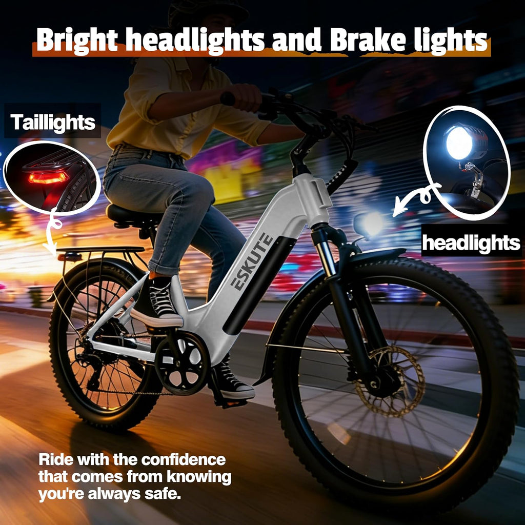 ESKUTE Electric Bike for Adults-1300w Peak Ebike, 28MPH Step Thru Electric Bicycle，70Miles 840 WH Removable Battery e-Bike, 7-Speed 26'' tire, Adjustable Stem,