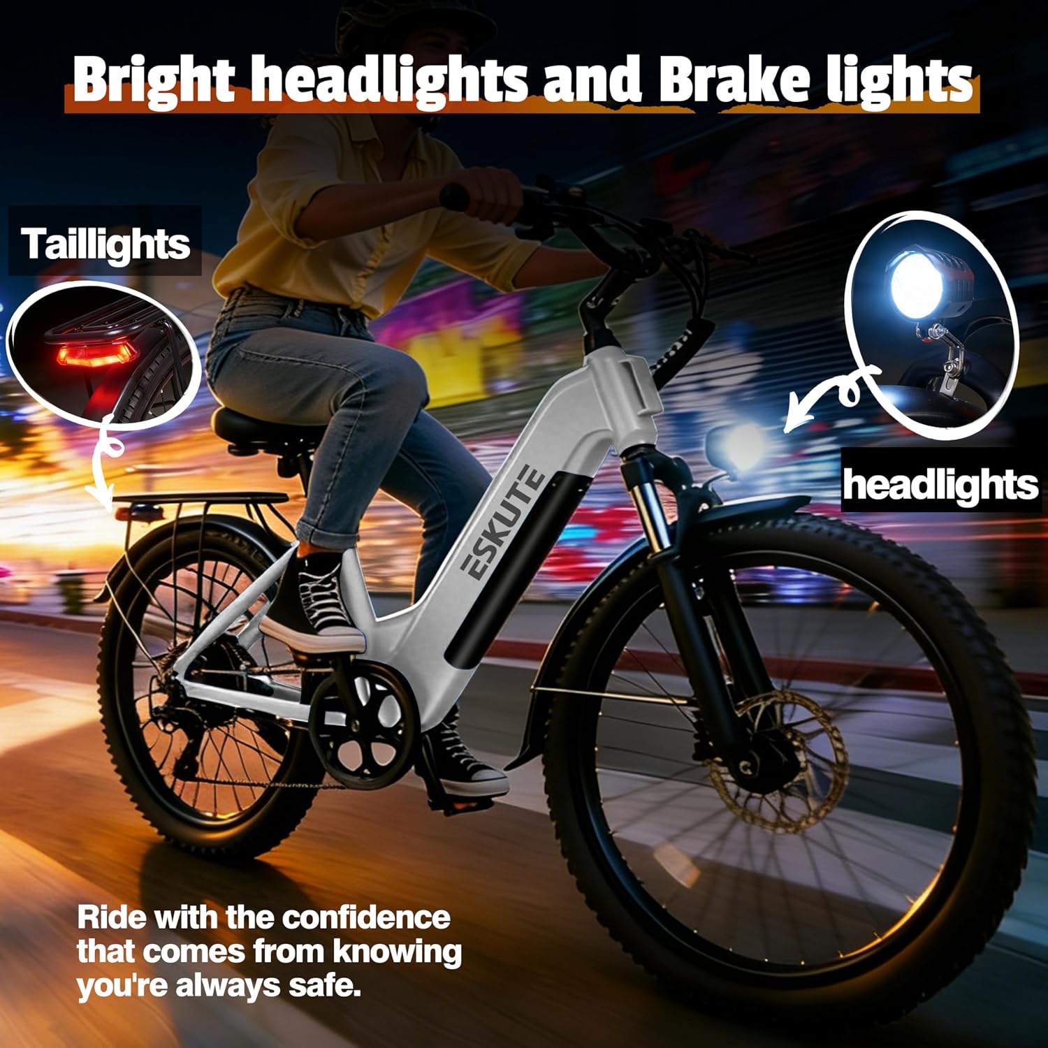 ESKUTE Electric Bike for Adults-1300w Peak Ebike, 28MPH Step Thru Electric Bicycle，70Miles 840 WH Removable Battery e-Bike, 7-Speed 26'' tire, Adjustable Stem,