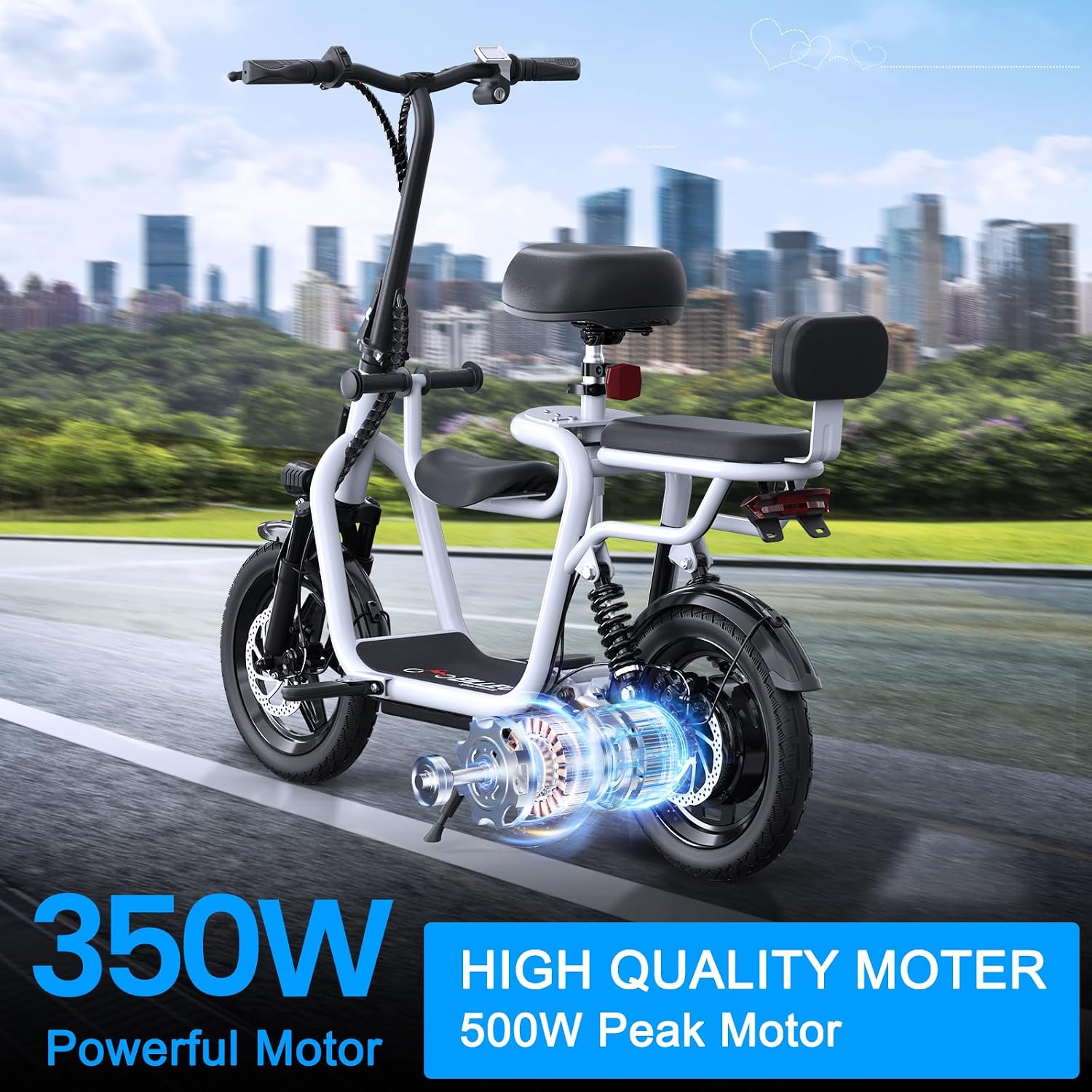 Electric Scooter with Seats for Adults Power by 500W Motor, E Bike with 14' Pneumatic Tire and 20 Miles Range&17.5Mph, Electric Bicycle for Women/Man Sliver Pro