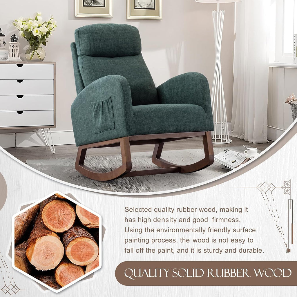Upholstered Rocking Chair for Nursery, Accent Glider Rocker with Side Pocket, Comfy Armchair with Tall Backrest and Double Layer Cushion, Baby Nursery Glider for Living Room, Bedroom (Emerald Green)
