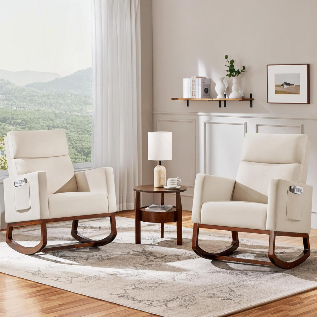 Yaheetech Rocking Chair Nursery Upholstered Glider Chair with Rubber Wood Legs Side Pocket, Rocking Accent Armchair High Back for Living Room Bedroom, Beige, 2pcs