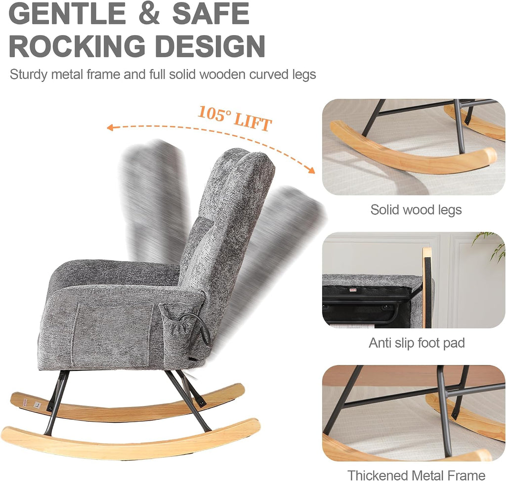 Rocking Chair Nursery with Airbag, Comfy Nursery Rocking Reading Chair Indoor, Cozy Upholstered Glider Rocker Chairs for Living Room Bedroom Offices, Sillas Mecedoras(Chenille, Dark Grey)
