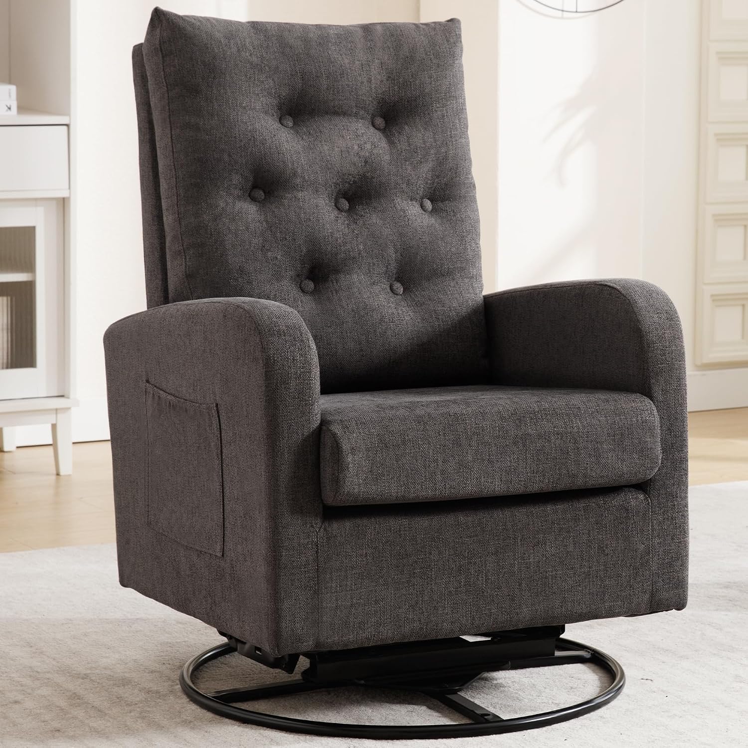 360° Swivel Rocking Chair Nursery - White Glider Modern Accent Chairs Teddy Rocker Padded Armchair for Indoor Living Room Bedroom Maternity Breastfeeding Chair for Adults（Dark Grey）