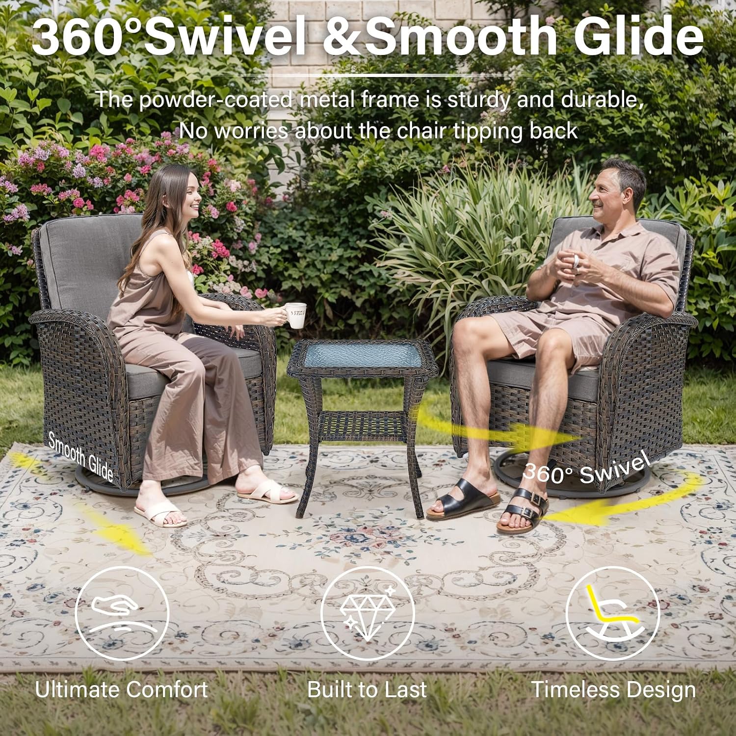 Belord Patio Furniture Swivel Glider PE Wicker Chairs, Outdoor Swivel Rocker Seating with Cushions for Porch Deck Balcony, Brown/Gray