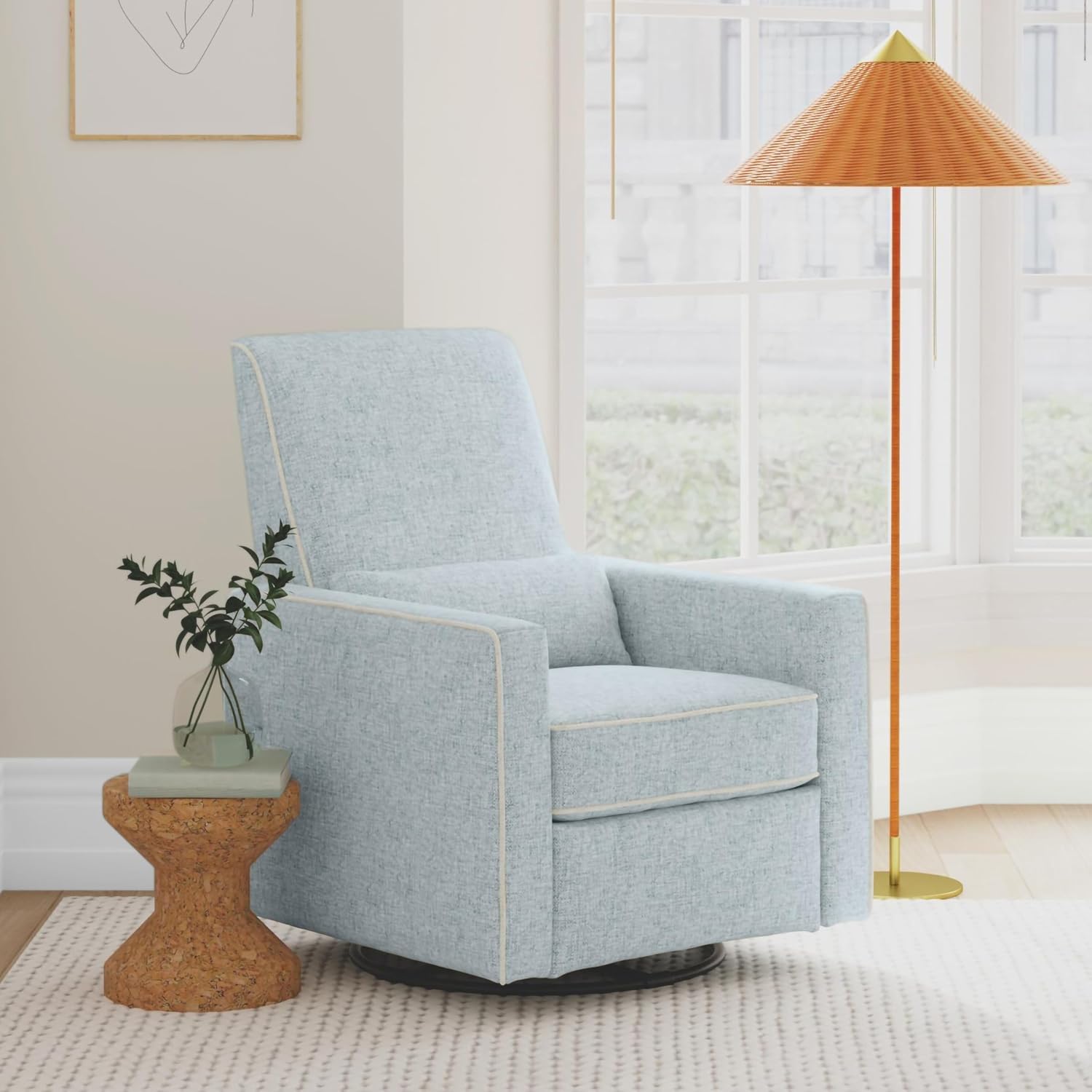 Davinci Piper Upholstered Recliner and Swivel Glider in Heathered Blue with Cream Piping, Greenguard Gold & CertiPUR-US Certified