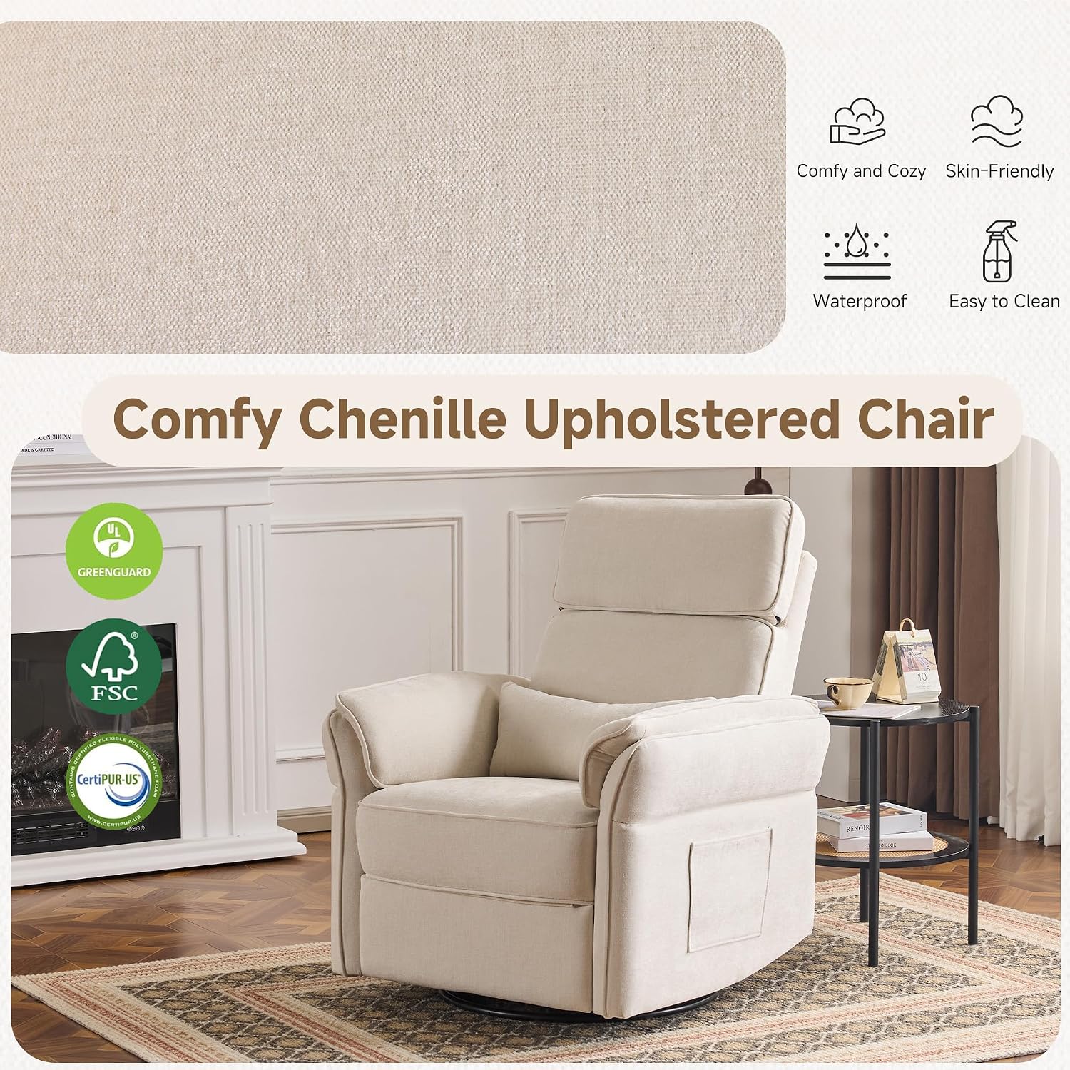 MELLCOM Power Recliner Rocking Chair Nursery Gliders with Adjustable Armrests and Headrest, Swivel Electric Glider Reclining Nursing Chair with Storage Bags and USB Port, FSC Certified,Beige Fabric