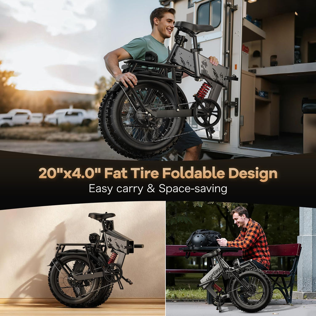 SASIKEIBIKE 1500W Folding Electric Bike for Adult,52V20Ah Removable Battery Ebike with 70Mile Max,20' x4.0 Fat Tire E-Bike, Foldable Dual Suspension Electric Bicycle for Commute,Mountain