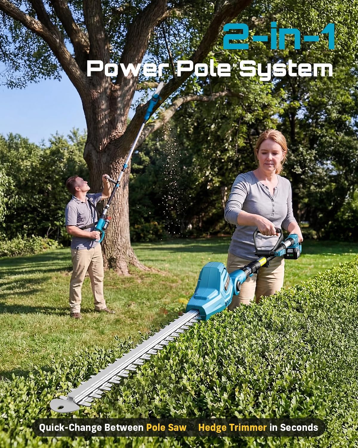 SEESII 2-in-1 Cordless Pole Saw & Hedge Trimmer Combo, 8' Electric Pole Chainsaw with 2×4.0 Ah Batteries, 16-Inch Extension Pole Hedge Trimmer, Bush Tree Pruner Limb Branch Cutter, 15ft Long Reach
