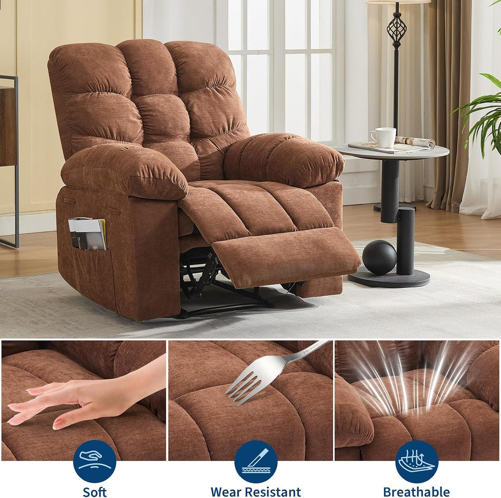 Recliner Rocking Chair with Massage & Heat, Wide Overstuffed Fabric Recliner with Breathable Upholstery, Ergonomic Design, 2 Side Pockets & Remote Control for Living Room or Bedroom (Brown)