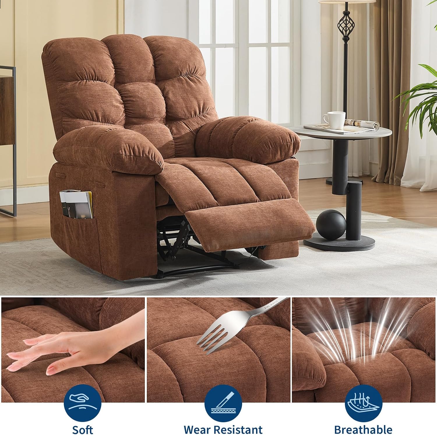Recliner Rocking Chair with Massage & Heat, Wide Overstuffed Fabric Recliner with Breathable Upholstery, Ergonomic Design, 2 Side Pockets & Remote Control for Living Room or Bedroom (Brown)