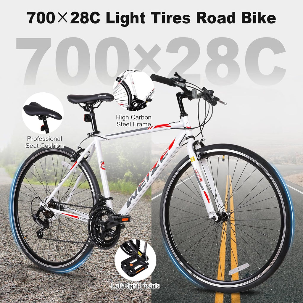 WEIZE 700C Hybrid Bike for Adults, 14 Speed Road Bike, City Commuter Bicycle with Caliper Brakes, High-Carbon Steel Racing Adult Bike, Urban Adult Bicycle for Men and Women