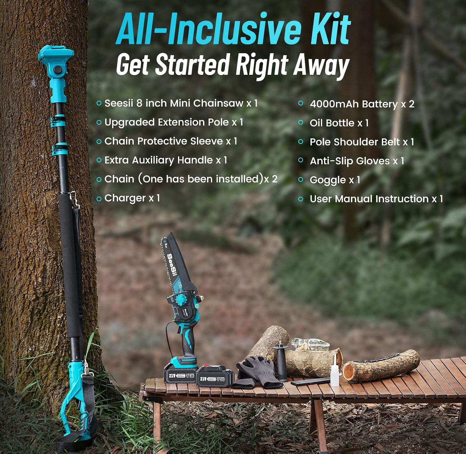 SEESII 2-in-1 Electric Pole Saws for Tree Trimming, 8 Inch Brushless Mini Chainsaw with Extension Pole, Cordless Pole Chain Saw, Tree Trimmer Limb Branch Cutter Pruner with 2 x 4.0Ah Batteries,P8 Nex