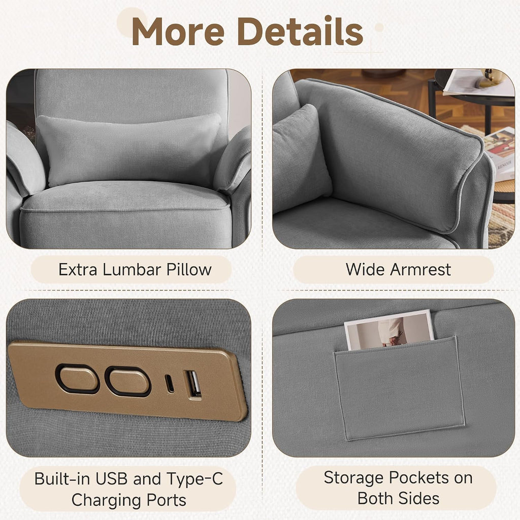 MELLCOM Power Recliner Rocking Chair Nursery Gliders with Adjustable Armrests and Headrest, Swivel Electric Glider Reclining Nursing Chair with USB Port and Storage Bags, FSC Certified