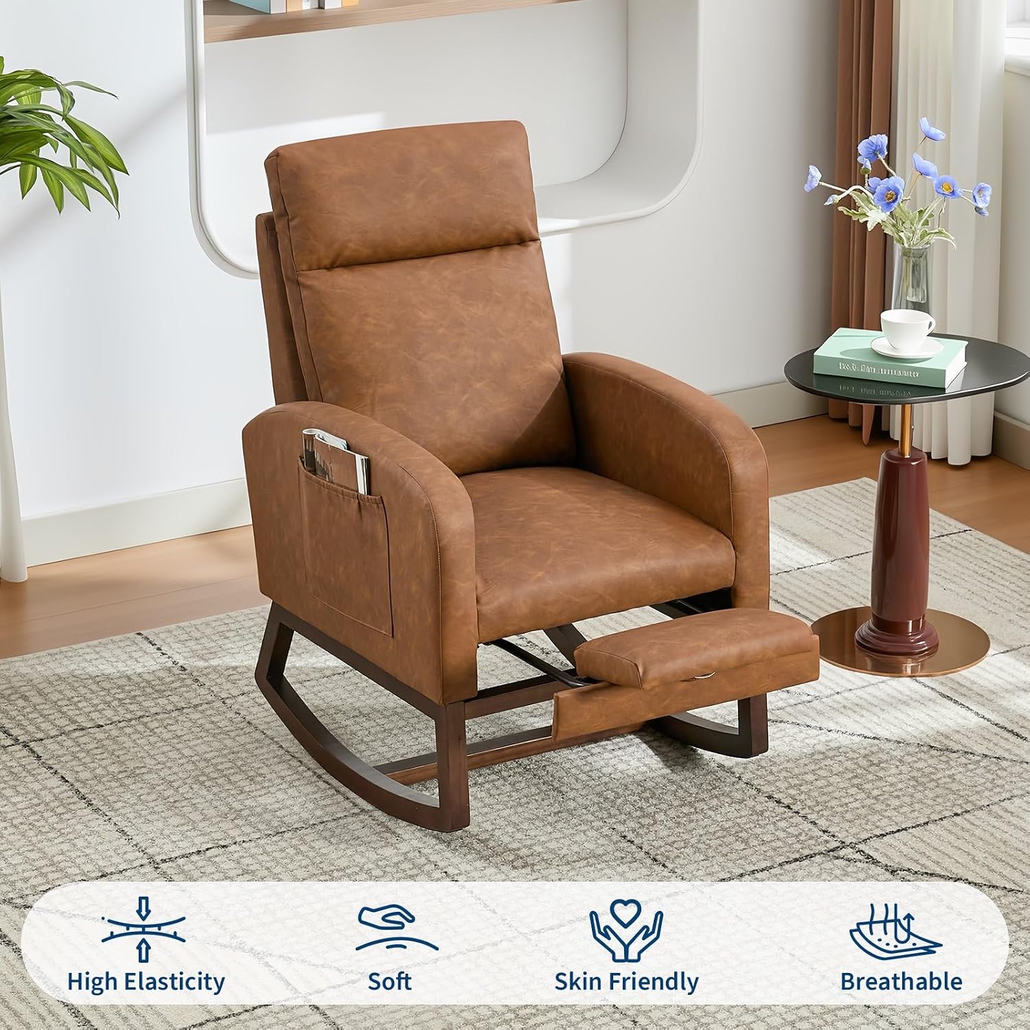 Teddy Fabric Nursery Rocking Chair with Adjustable Footrest, Two Side Pockets & Solid Wooden Legs - High Backrest Comfortable Lounge Armchair for Nursery, Living Room, Bedroom,Brown.