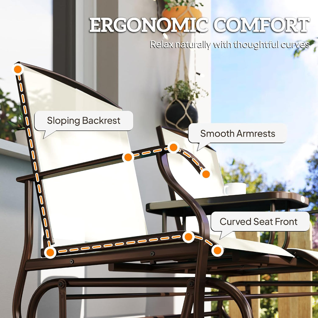Outsunny Outdoor Glider Bench with Center Table, Metal Frame Patio Loveseat with Breathable Mesh Fabric and Armrests for Backyard Garden Porch, Beige