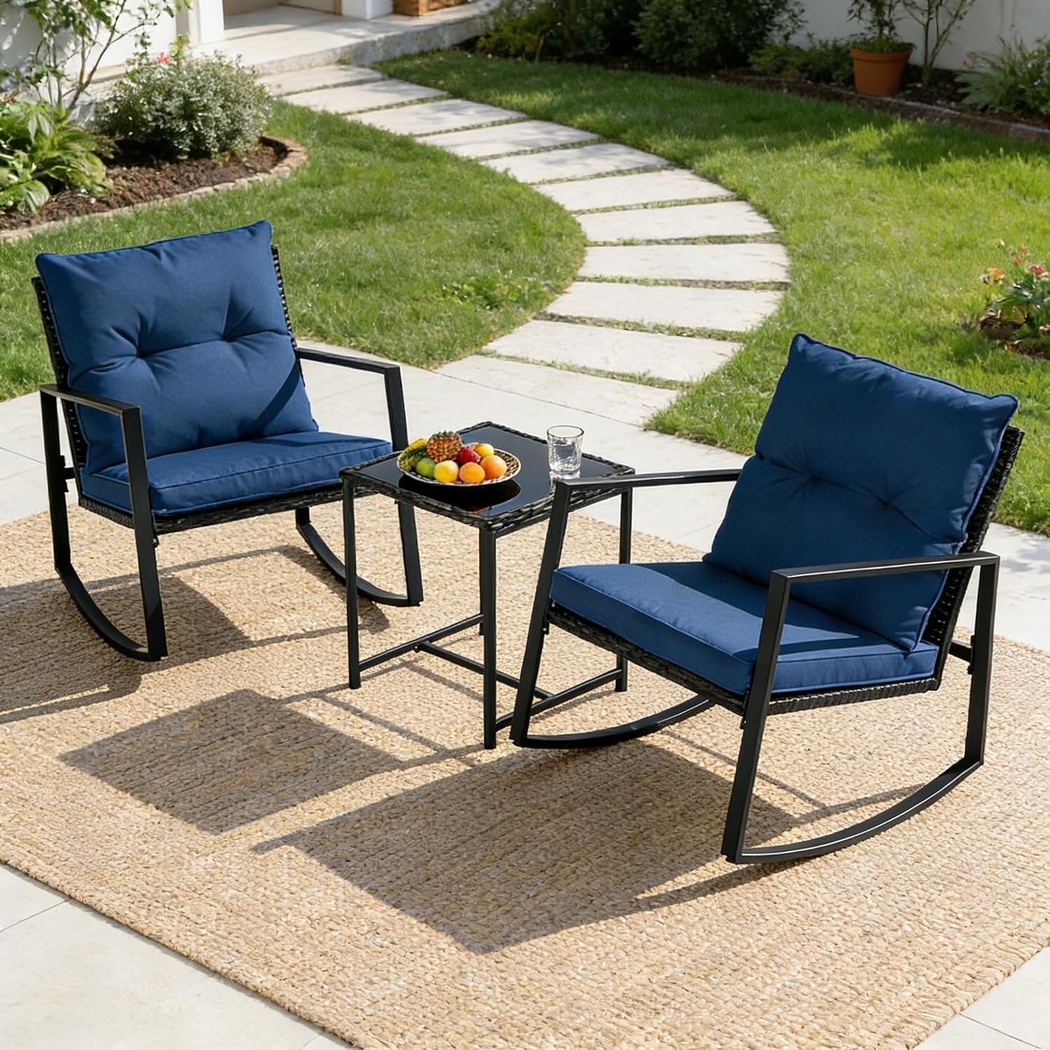 SUNCROWN 3 Piece Outdoor Rocking Bistro Set Black Wicker Furniture Porch Chairs Conversation Sets with Glass Coffee Table, Dark Blue