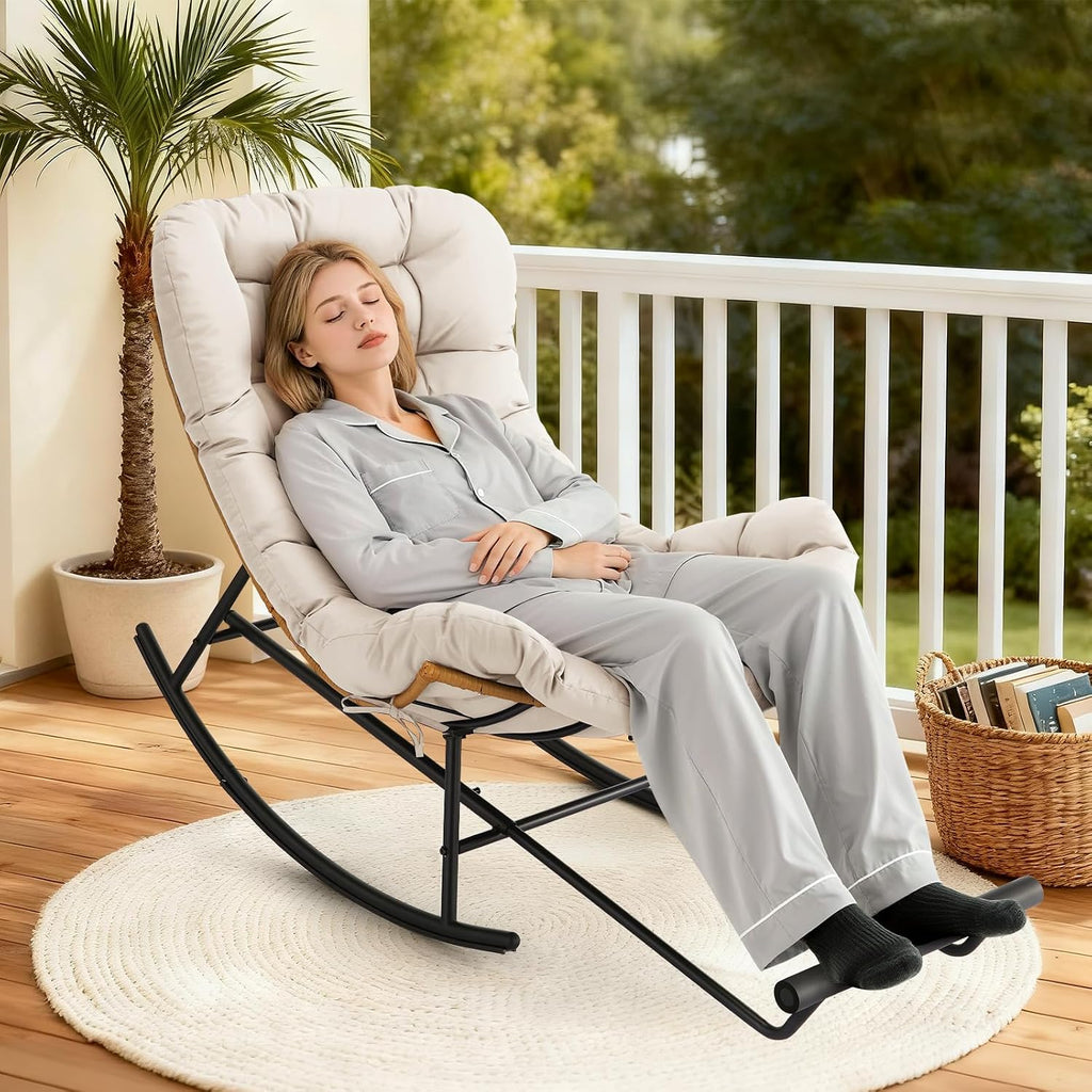 Takywep Rattan Rocking Chair with Detachable Polyester Cushion and Extendable Footrest – Papasan Chair with Cozy Seating for Porch, Lawn, Bedroom & Living Room, Beige