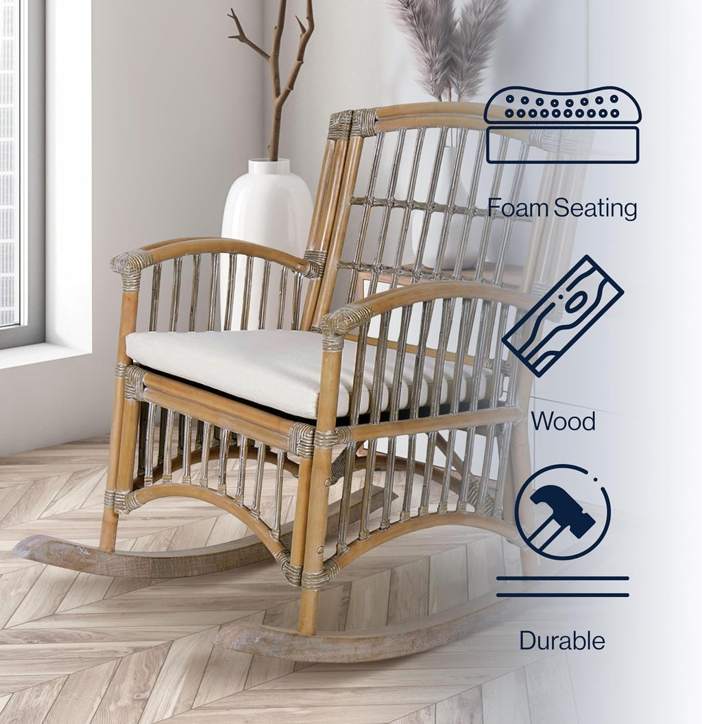 JONATHAN Y RCK200B Swayze Bohemian Farmhouse Woven Rattan/Wood Rocking Chair White Cushion with Gray/White Wash Frame for Home, Living Room, Bedroom, Guestroom, Foyer, Library