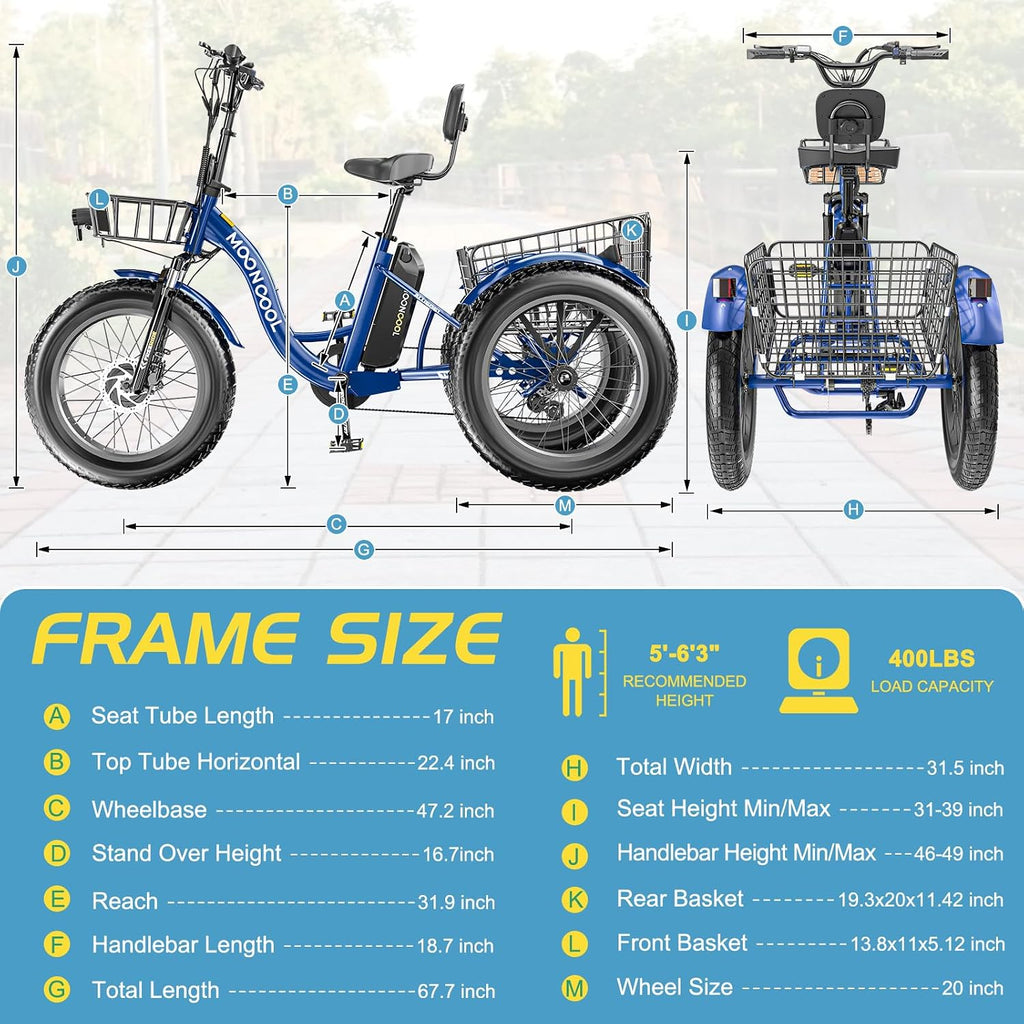 NAIZEA Electric Tricycle for Adults - 20' x 4' Fat Tire Electric Trike, 48V 500W Ebike, 3 Wheel Electric Bikes with Removable Battery, Aluminum Frame & Large Basket