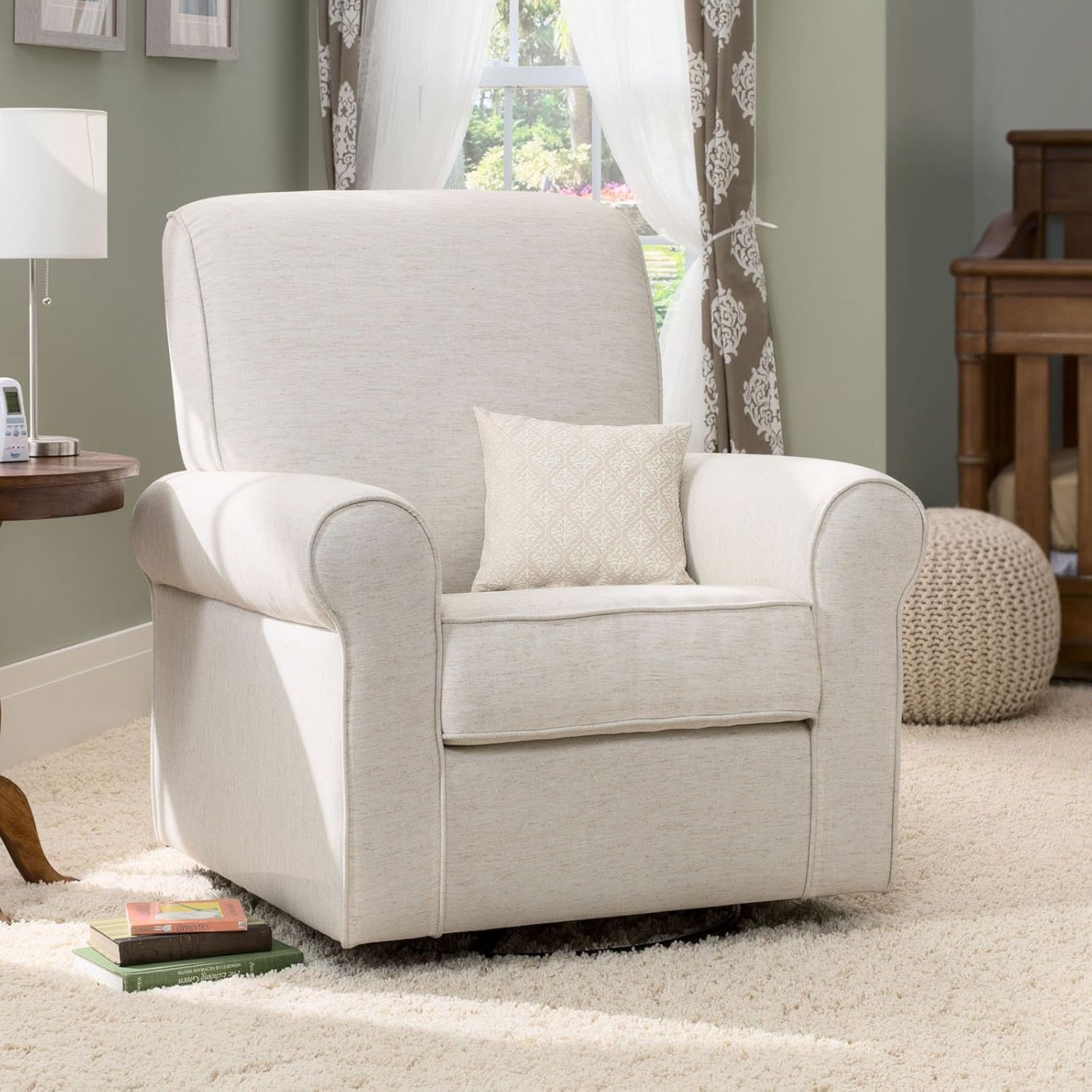 Delta Children Avery Upholstered Glider Swivel Rocker Chair, Metal, Sand
