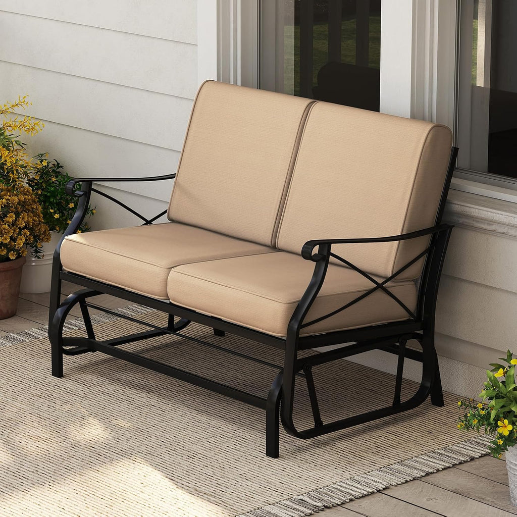 Giantex 2-Person Outdoor Glider, Rocking Chair Loveseat with Detachable Thick Cushions, Metal Frame, 660Lbs Capacity, Outside Swing Chair, Loveseat, Patio Glider Bench for Porch, Garden, Yard (Brown)