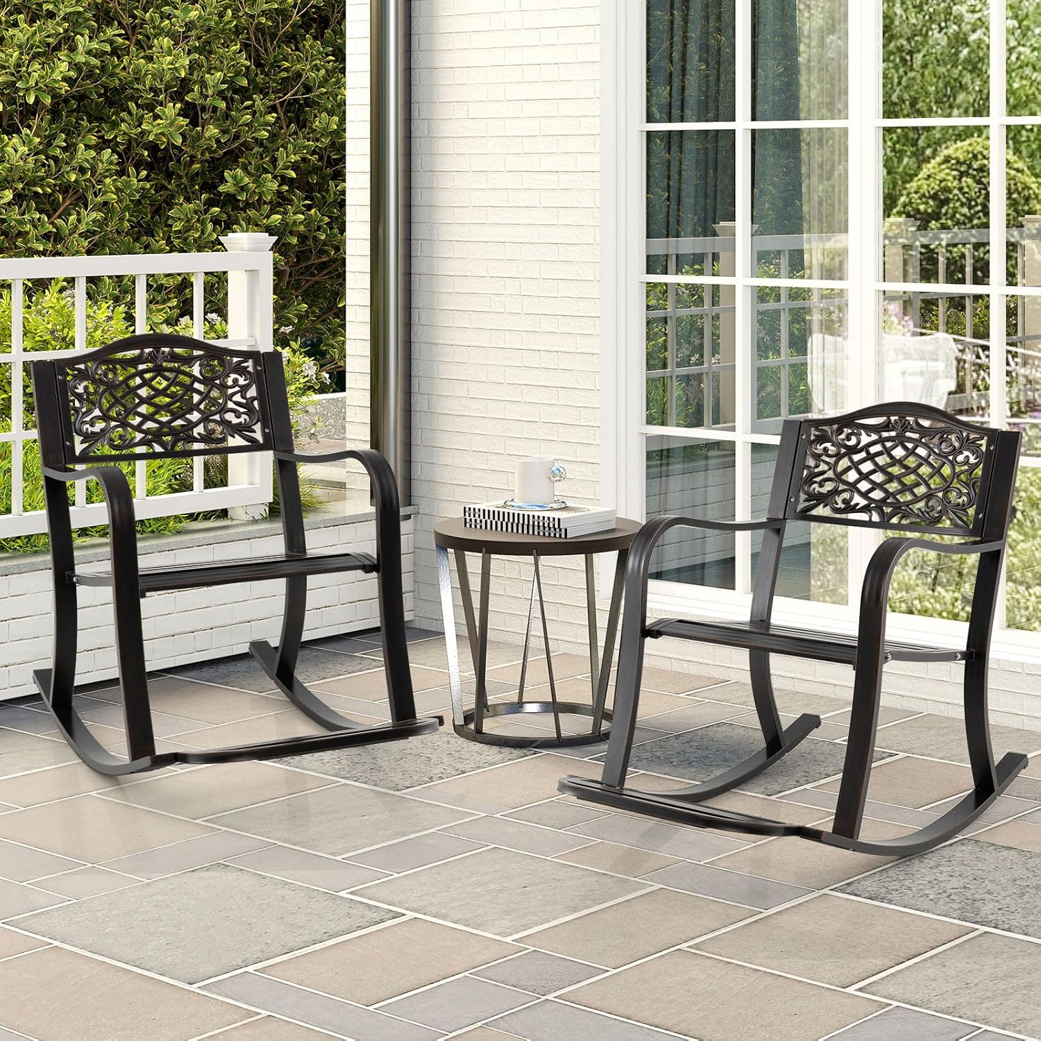 Giantex Patio Rocking Chair, Outdoor Cast Aluminum Rocker w/Footrest, Backrest & Curved Armrests, Heavy-Duty Metal Classic Rocking Leisure Seat for Backyard, Poolside, Balcony (Antique Brown,1)