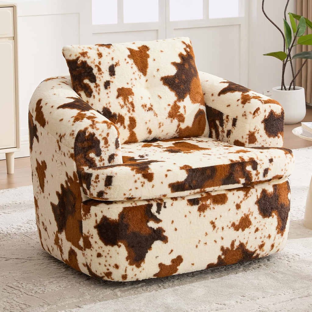 JIVOIT 360° Swivel Barrel Accent Chair, 36.6' Swivel Round Sofa Chair with Dual-Layer Cushion Design, Modern Upholstered Single Sofa for Living Room, Bedroom, Office and Hotel (Beige&Brown, 121)