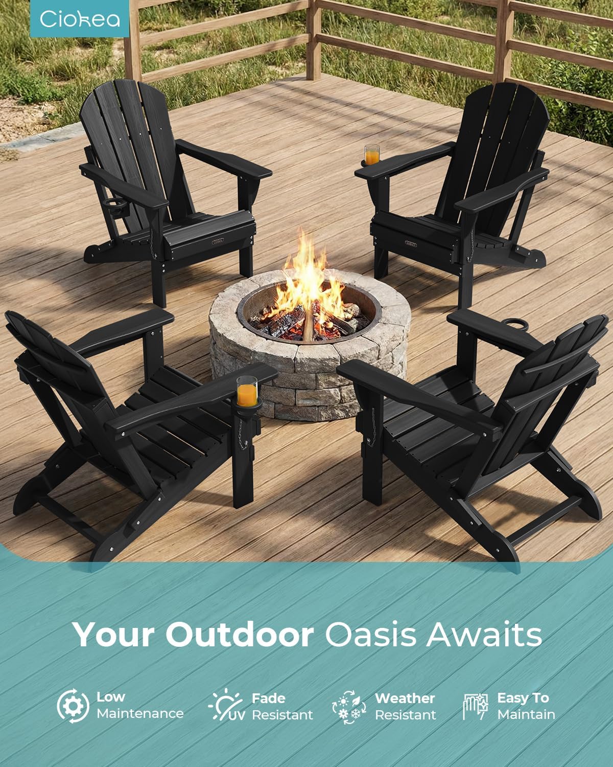 Ciokea Folding Adirondack Chair 6 Pack, Patio Adirondack Chair Weather Resistant, Plastic Fire Pit Chair with Cup Holder, Lawn Chair for Outdoor Porch Garden Backyard Deck (Black)