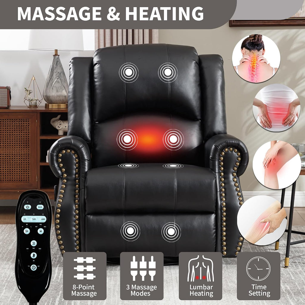 PELUMY Breathable Leather Swivel Rocking Recliner Chair for Adults, 360° Swivel Glider Rocker with Heat & Vibrating Massage, Lounge Chair for Living Room, Bedroom, Nursery (Black)