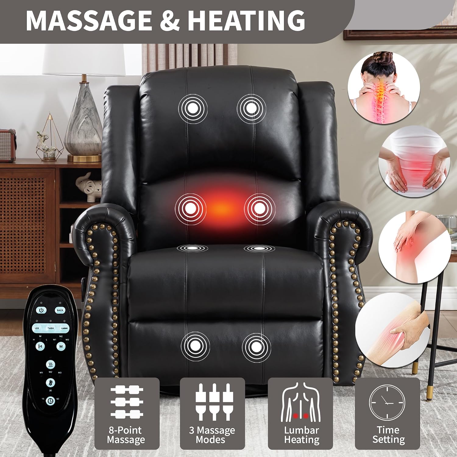 PELUMY Breathable Leather Swivel Rocking Recliner Chair for Adults, 360° Swivel Glider Rocker with Heat & Vibrating Massage, Lounge Chair for Living Room, Bedroom, Nursery (Black)