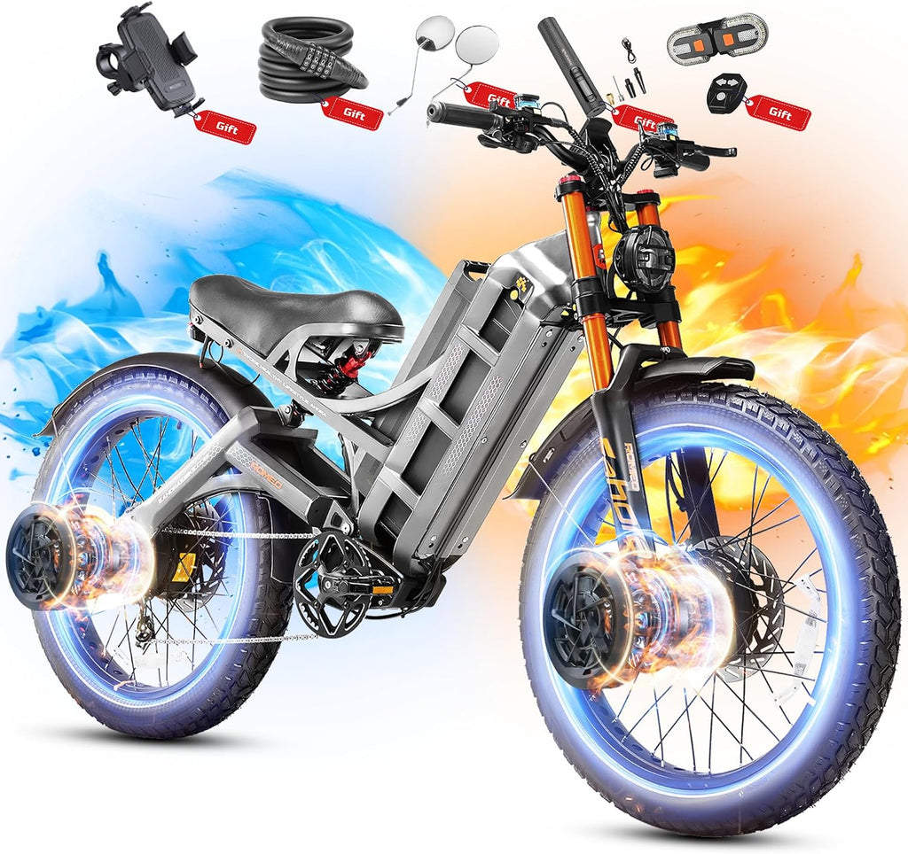 eAhora 2026 Romeo Pro3/2 50/46Mph Ebike 5600/4000W Dual Motor 200+Miles Electric Bike for Adults, 52V/70Ah 60V/80Ah Long Range 26 * 4.0' Fat Tire Full Suspension Electric Mountain Bike