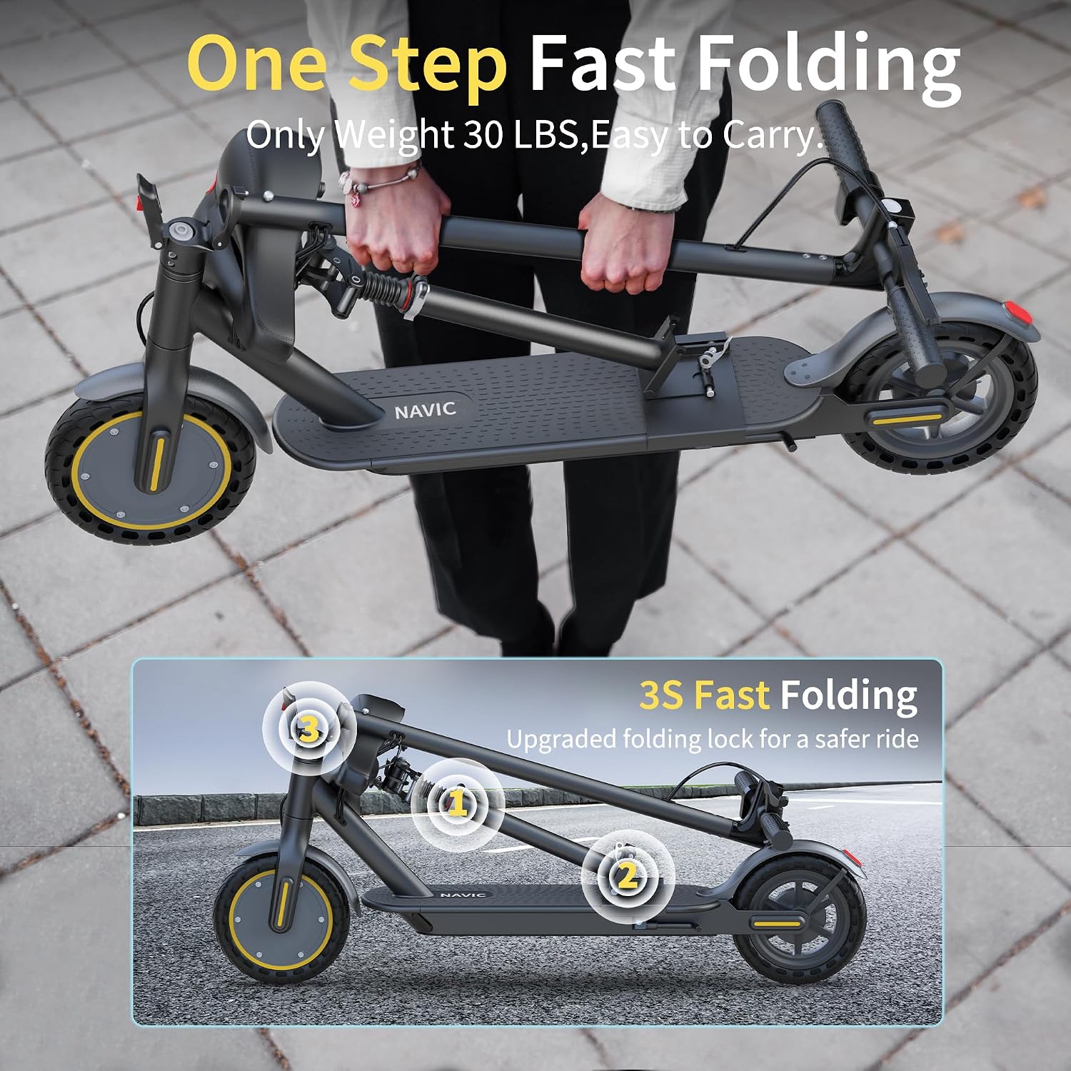 NAVIC Electric Scooter with Dual Suspension, 8.5'/10' Tires, 350W/500W Motor, 19/22 Mph, Max 22/25/27/49Miles Range, Foldable E Scooter for Adults with Braking, App Control