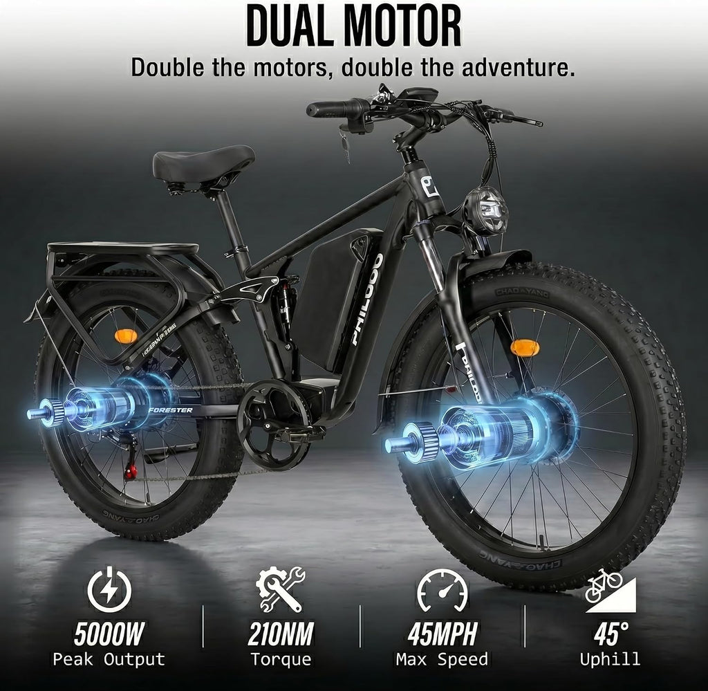 Forester 5000W Peak Dual Motor Electric Bike - 45 MiIe P-hour High-Speed, Fat Tire Ebike with 60V 25Ah Battery, 100+ Mile Range, Full Suspension & Hydraulic Brakes for Adult Off-Road Commuting