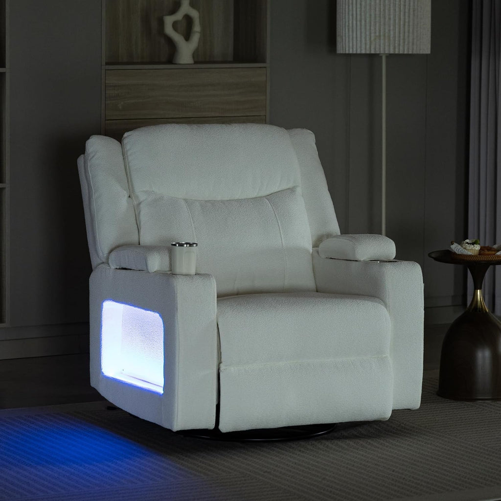 Power Oversized Swivel Rocker Recliner with Dual Motor Adjustable Headrest for Adults, Glider Rocking Chair with Heat Massage, LED Light, USB C Charging, Armrest Storage, Cup Holder