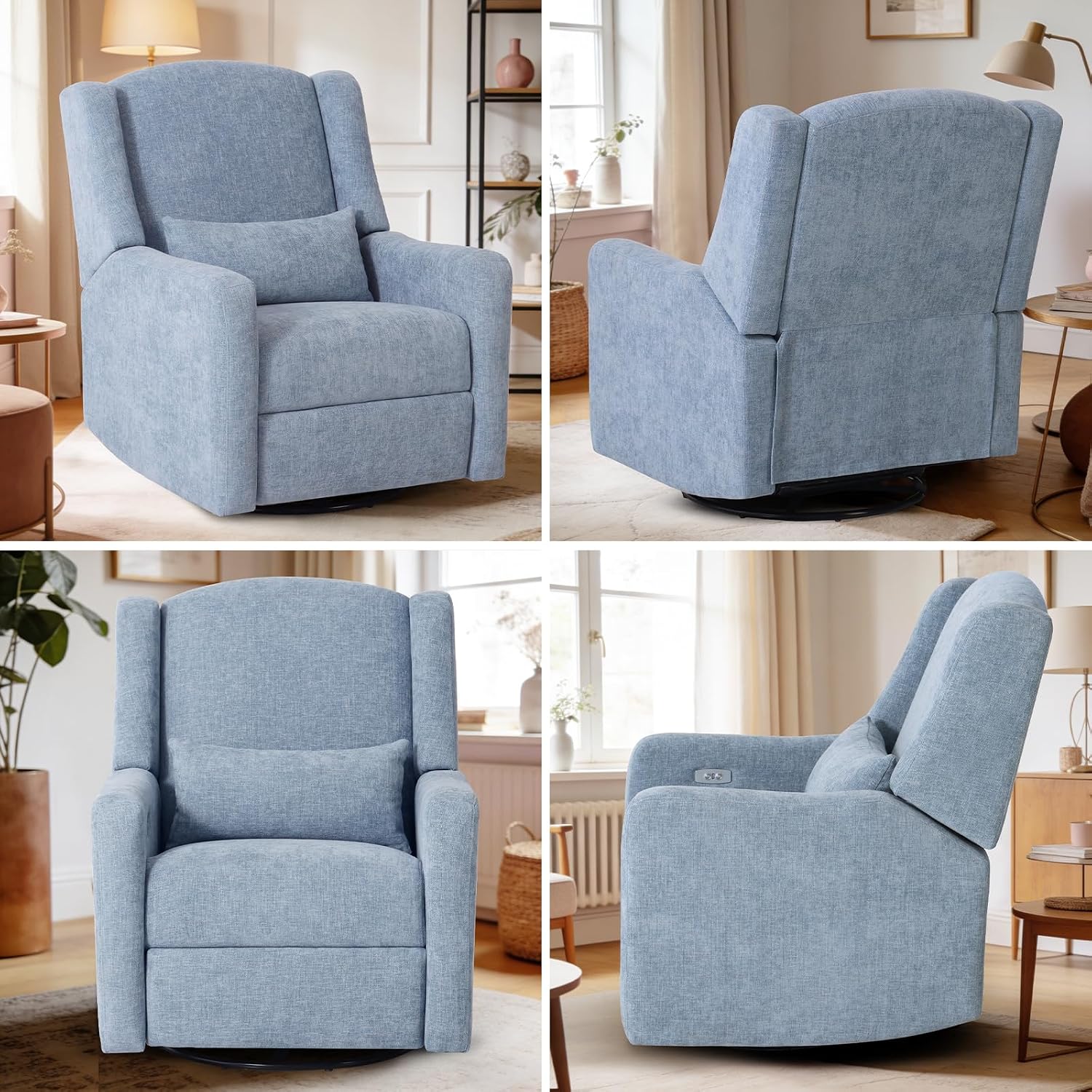 Power Glider Recliner Nursery Chair w/USB Ports, Soft Chenille Glider Rocking Chair for Nursery, Swivel Glider Chair with Lumbar Pillow for Living Room, 2PCS, Blue