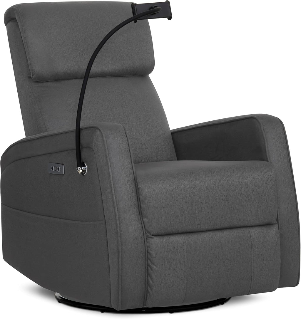 Evolur Maverick Upholstered Power Glider Recliner with Device Holder – Swivel, Rocking & Smooth Power Recline – Greenguard Gold & FSC Certified, Modern Nursery and Living Room Chair in Tempered Grey