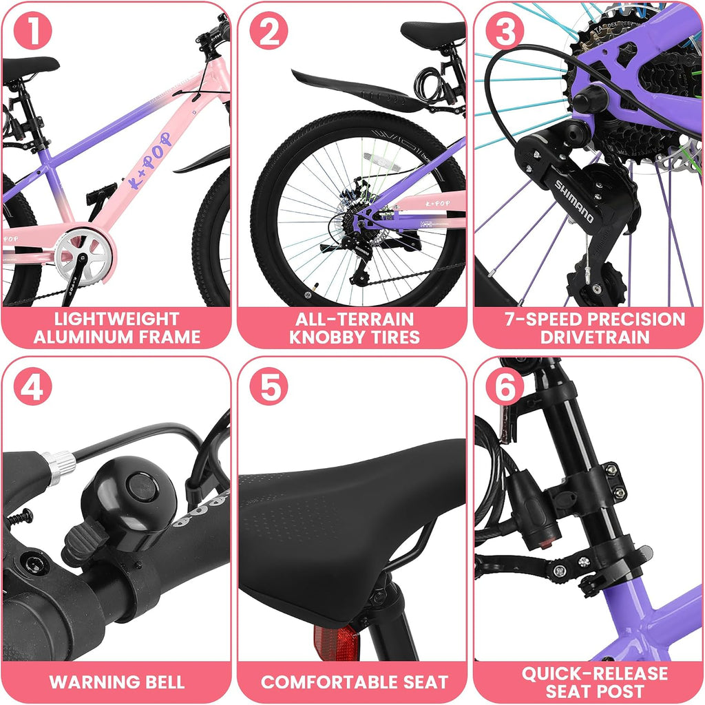 24 Inch Kids Mountain Bike for 7-12 Years Old Boys, Single Speed/7-Speed Girls Mountain Bicycle W/Suspension Fork,Adjustable Seat Height, Kids' Bicycles for Beginner Level Riders